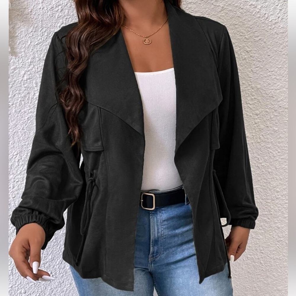 SHEIN Curve Women’s Black Waterfall Collar‎ Drawstring Waist Jacket 1XL NWT - Picture 2 of 10